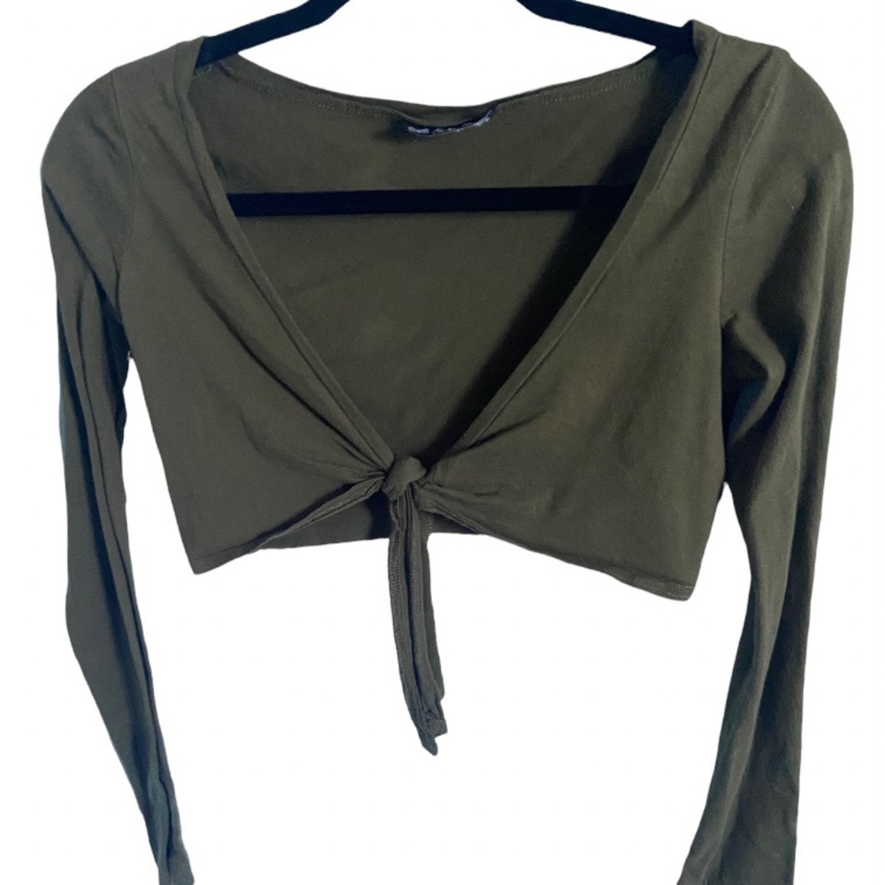 Olive Green Tie-Front Long-Sleeve Crop Top